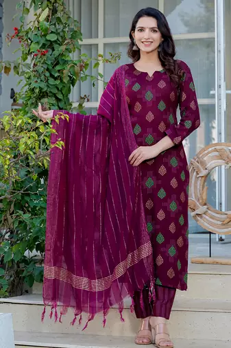  Women's Reyon Blend Floral Straight Printed Kurta Pant With Dupatta | kurta sets for woman