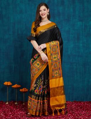 black cotton silk kutchi work saree with unstitched blouse 1