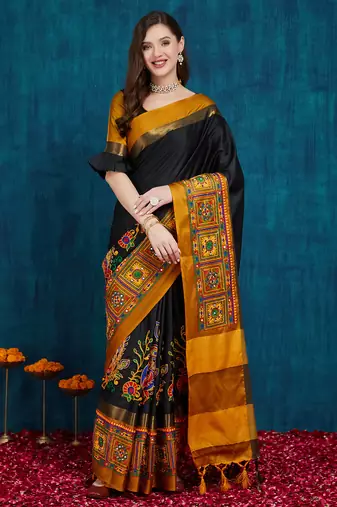 black cotton silk kutchi work saree with unstitched blouse