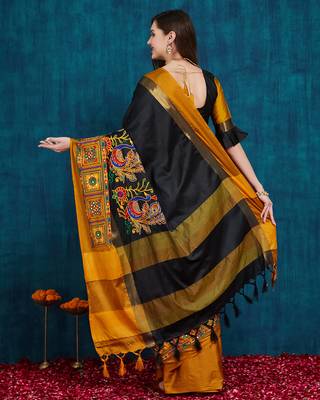 black cotton silk kutchi work saree with unstitched blouse 2