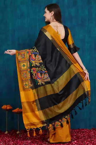 black cotton silk kutchi work saree with unstitched blouse