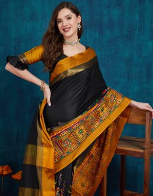 black cotton silk kutchi work saree with unstitched blouse 3