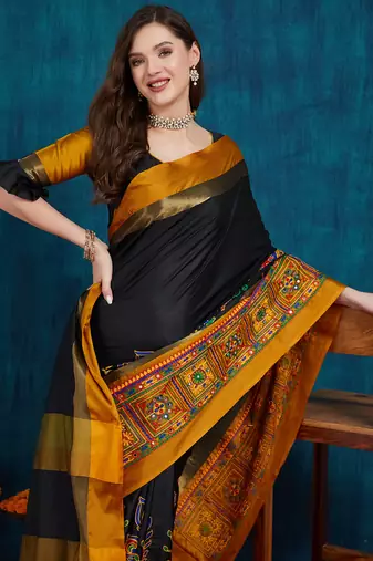 black cotton silk kutchi work saree with unstitched blouse