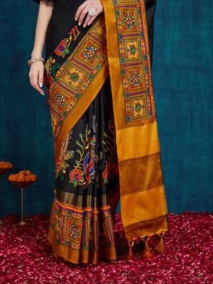 black cotton silk kutchi work saree with unstitched blouse 4