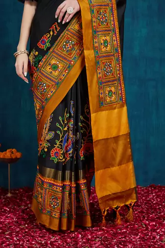 black cotton silk kutchi work saree with unstitched blouse