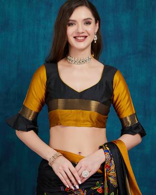black cotton silk kutchi work saree with unstitched blouse 5