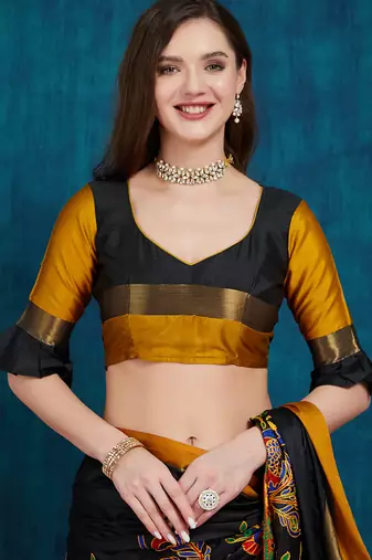 black cotton silk kutchi work saree with unstitched blouse