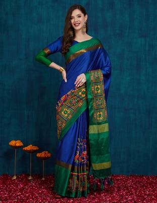 blue cotton silk kutchi work saree with unstitched blouse 1