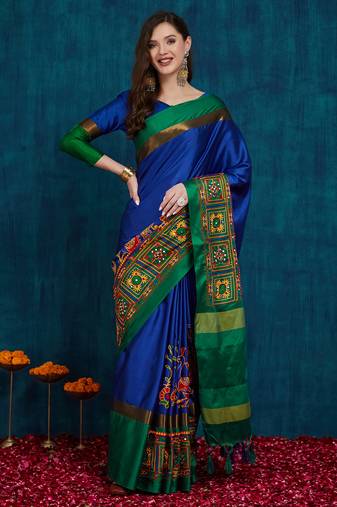 blue cotton silk kutchi work saree with unstitched blouse