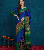 blue cotton silk kutchi work saree with unstitched blouse