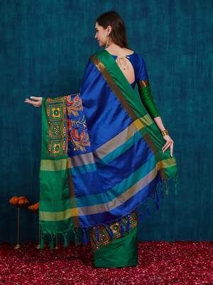 blue cotton silk kutchi work saree with unstitched blouse 2