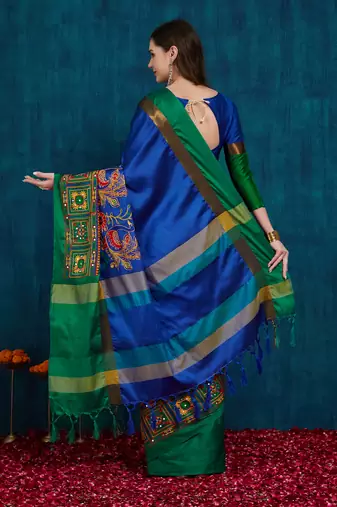 blue cotton silk kutchi work saree with unstitched blouse