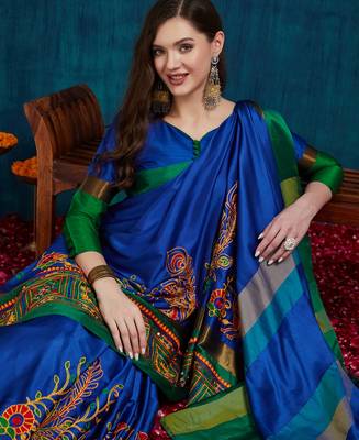 blue cotton silk kutchi work saree with unstitched blouse 3