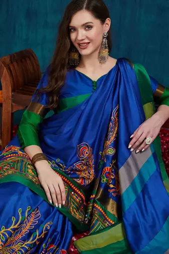 blue cotton silk kutchi work saree with unstitched blouse