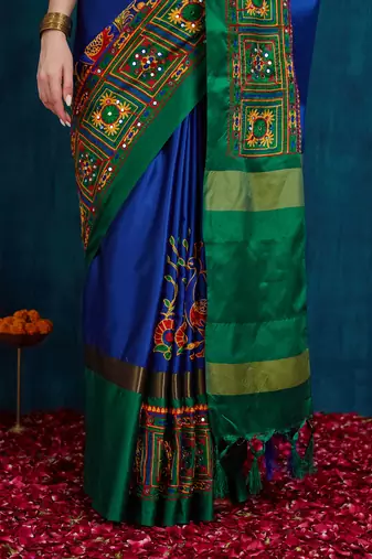 blue cotton silk kutchi work saree with unstitched blouse