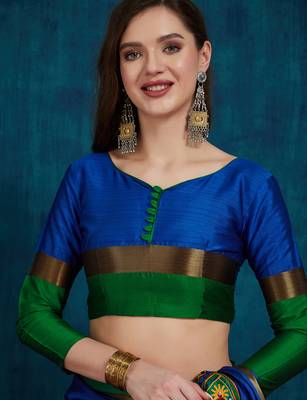 blue cotton silk kutchi work saree with unstitched blouse 5