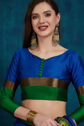 blue cotton silk kutchi work saree with unstitched blouse