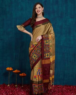 beige cotton silk kutchi work saree with unstitched blouse 1