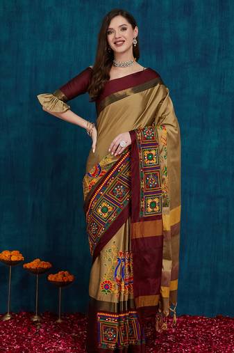 beige cotton silk kutchi work saree with unstitched blouse