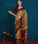 beige cotton silk kutchi work saree with unstitched blouse