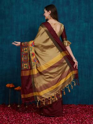 beige cotton silk kutchi work saree with unstitched blouse 2