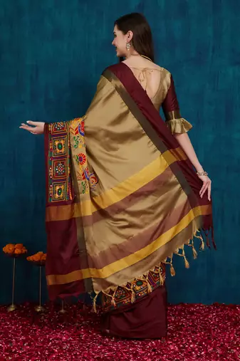 beige cotton silk kutchi work saree with unstitched blouse