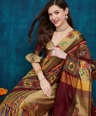 beige cotton silk kutchi work saree with unstitched blouse 3