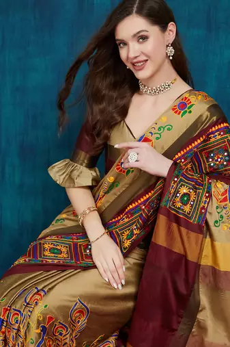 beige cotton silk kutchi work saree with unstitched blouse