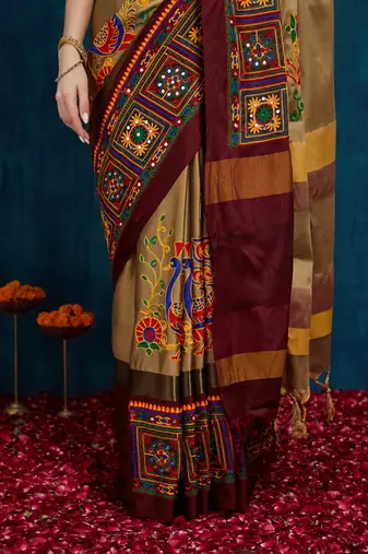 beige cotton silk kutchi work saree with unstitched blouse
