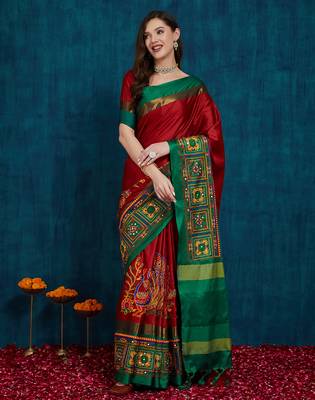 red cotton silk kutchi work saree with unstitched blouse 1