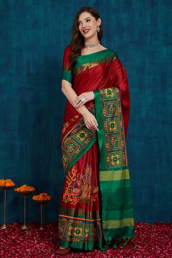 red cotton silk kutchi work saree with unstitched blouse