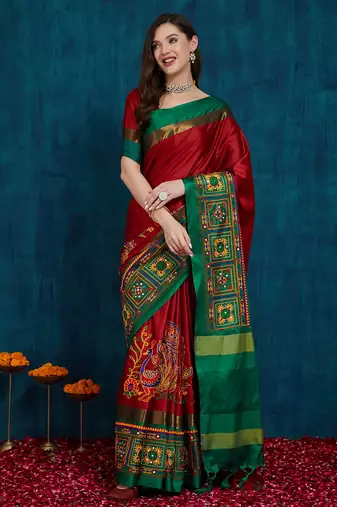 red cotton silk kutchi work saree with unstitched blouse