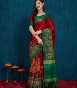 red cotton silk kutchi work saree with unstitched blouse