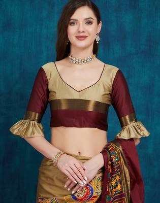 beige cotton silk kutchi work saree with unstitched blouse 5