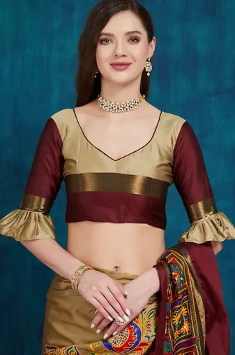 beige cotton silk kutchi work saree with unstitched blouse