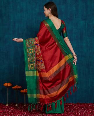 red cotton silk kutchi work saree with unstitched blouse 2