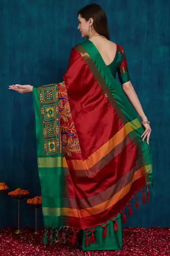 red cotton silk kutchi work saree with unstitched blouse
