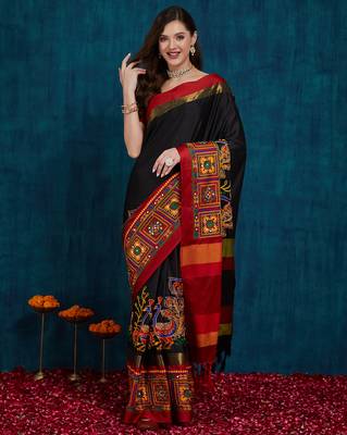 black cotton silk kutchi work saree with unstitched blouse 1