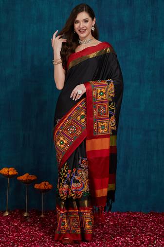 black cotton silk kutchi work saree with unstitched blouse