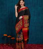 black cotton silk kutchi work saree with unstitched blouse