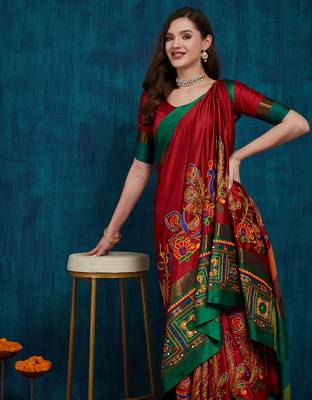 red cotton silk kutchi work saree with unstitched blouse 3