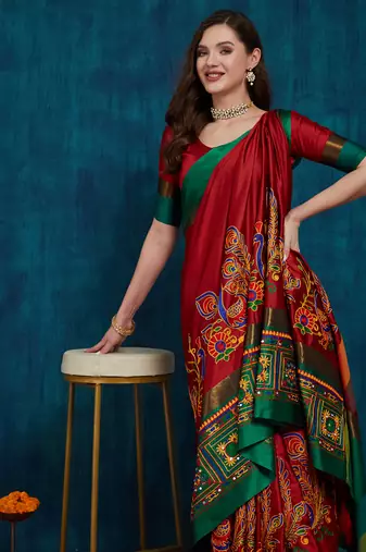 red cotton silk kutchi work saree with unstitched blouse