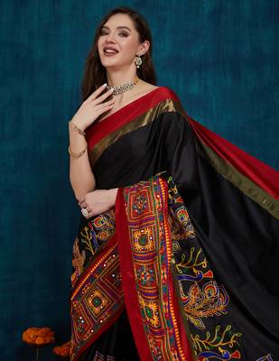 black cotton silk kutchi work saree with unstitched blouse 3