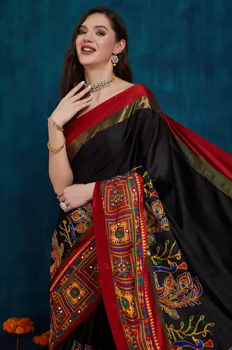 black cotton silk kutchi work saree with unstitched blouse