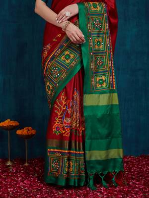red cotton silk kutchi work saree with unstitched blouse 4