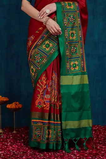 red cotton silk kutchi work saree with unstitched blouse