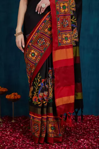 black cotton silk kutchi work saree with unstitched blouse