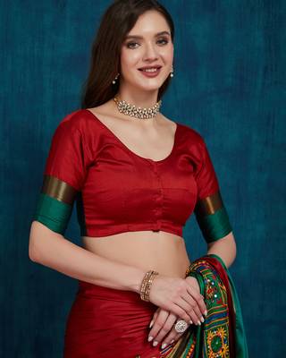 red cotton silk kutchi work saree with unstitched blouse 5