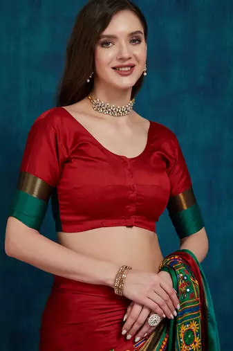 red cotton silk kutchi work saree with unstitched blouse
