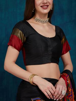 black cotton silk kutchi work saree with unstitched blouse 5